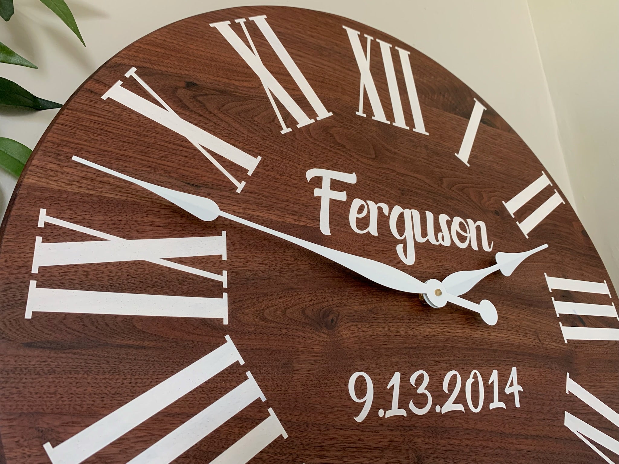 Personalized Solid Walnut Wood Wall Clock with White Numbers
