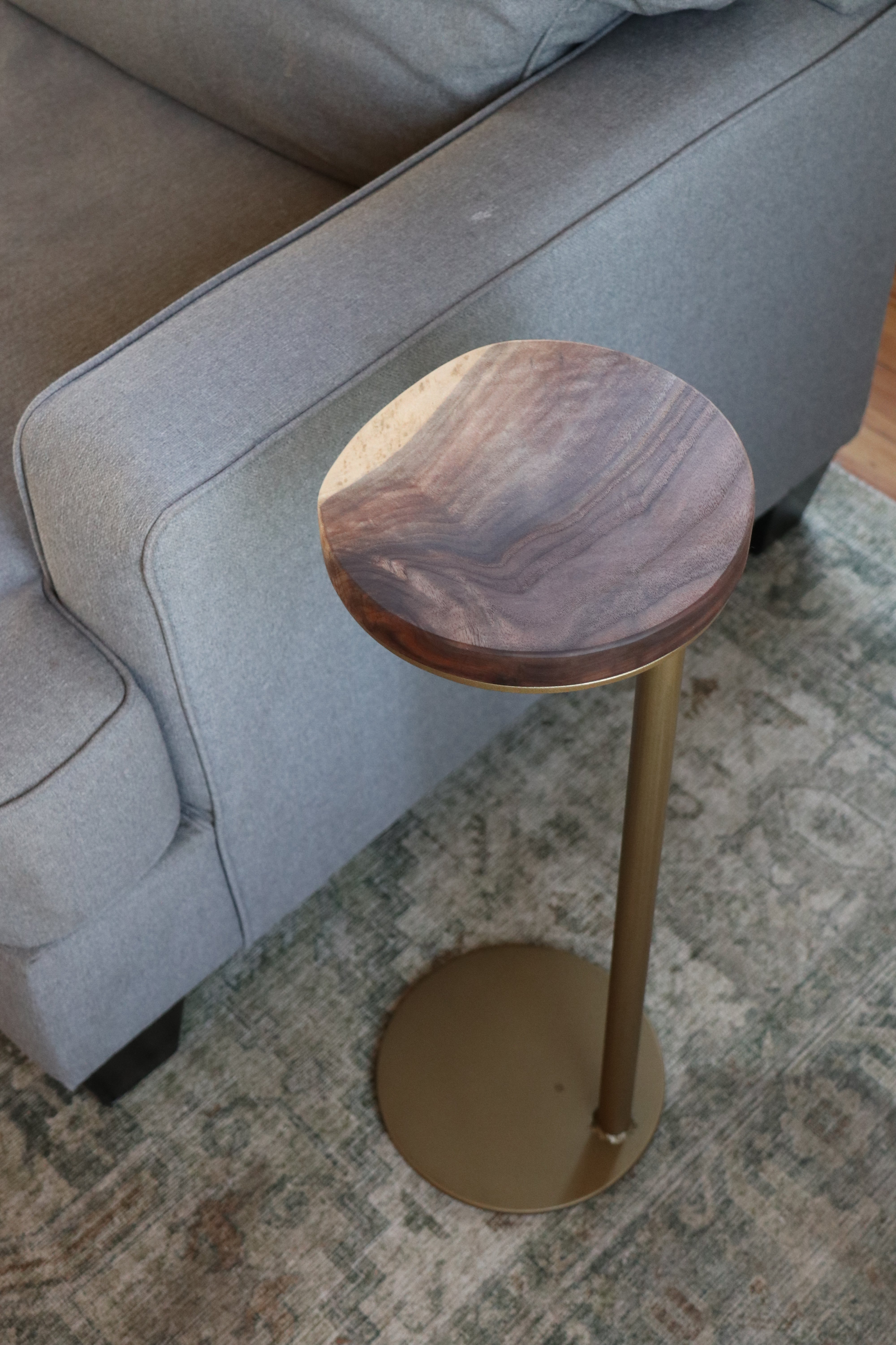 9" Gold Round Industrial Side Table, Live-Edge Walnut end table (in stock)