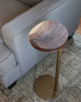 9" Gold Round Industrial Side Table, Live-Edge Walnut end table (in stock)