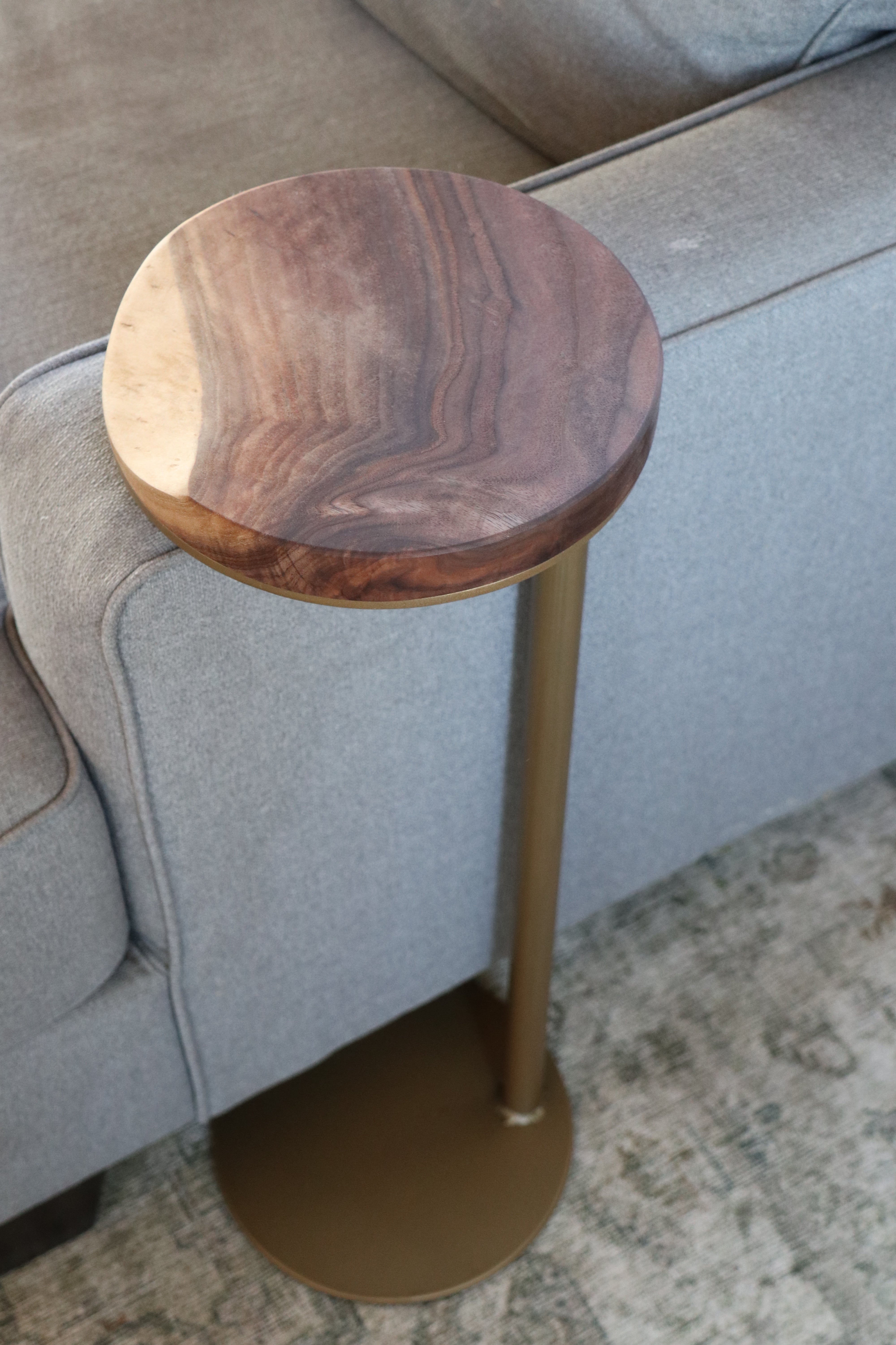 9" Gold Round Industrial Side Table, Live-Edge Walnut end table (in stock)