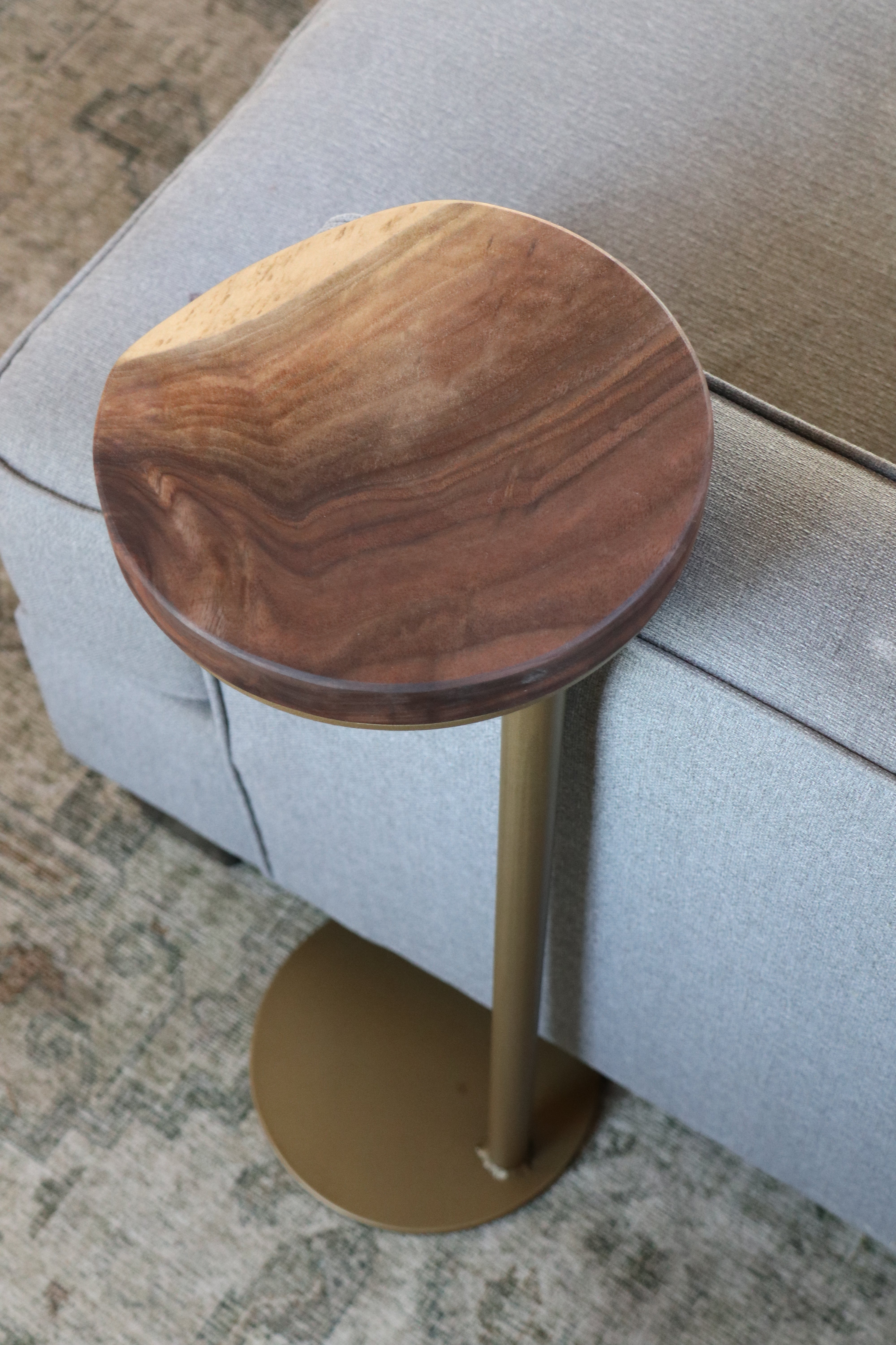 9" Gold Round Industrial Side Table, Live-Edge Walnut end table (in stock)