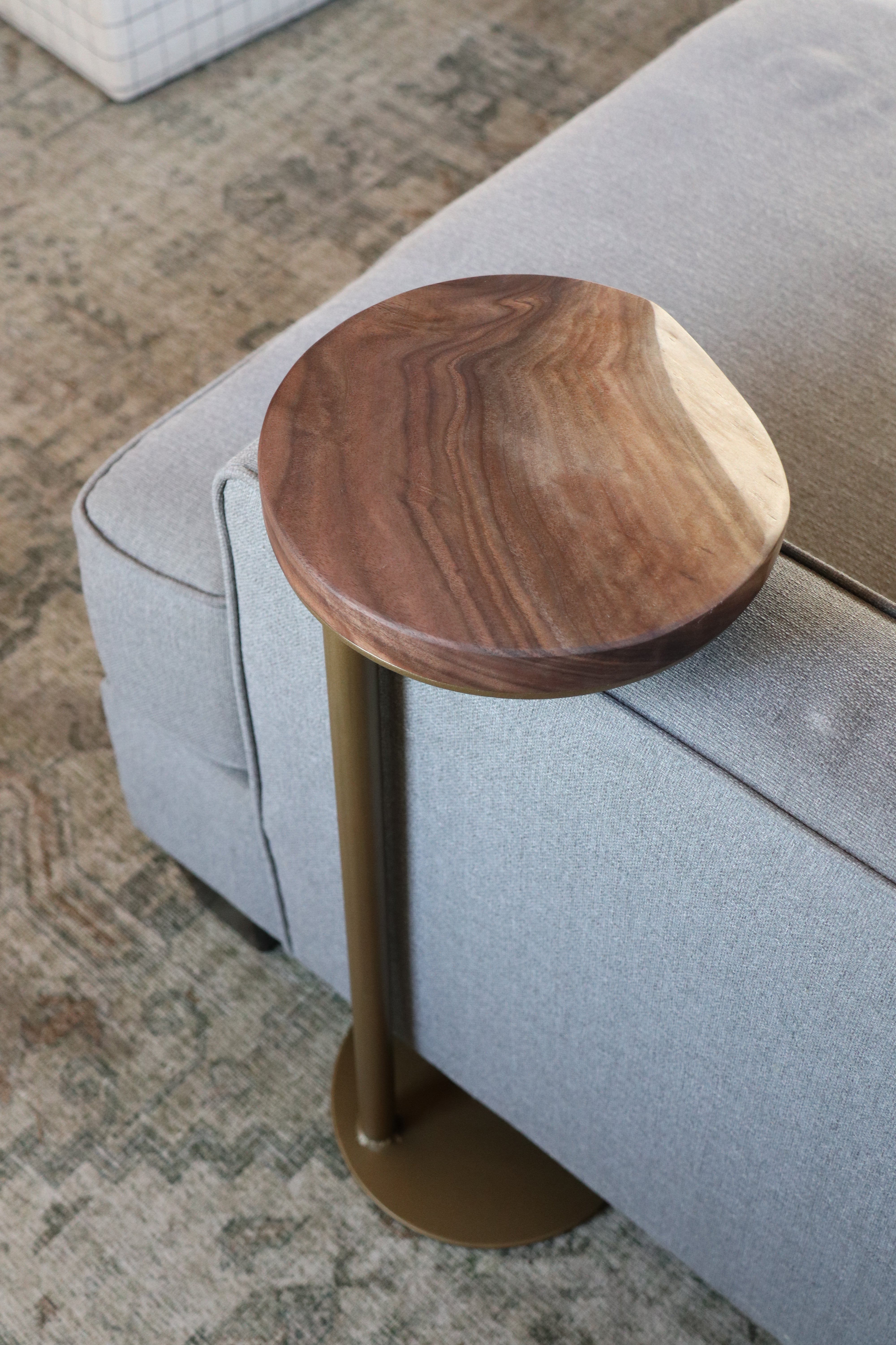 9" Gold Round Industrial Side Table, Live-Edge Walnut end table (in stock)