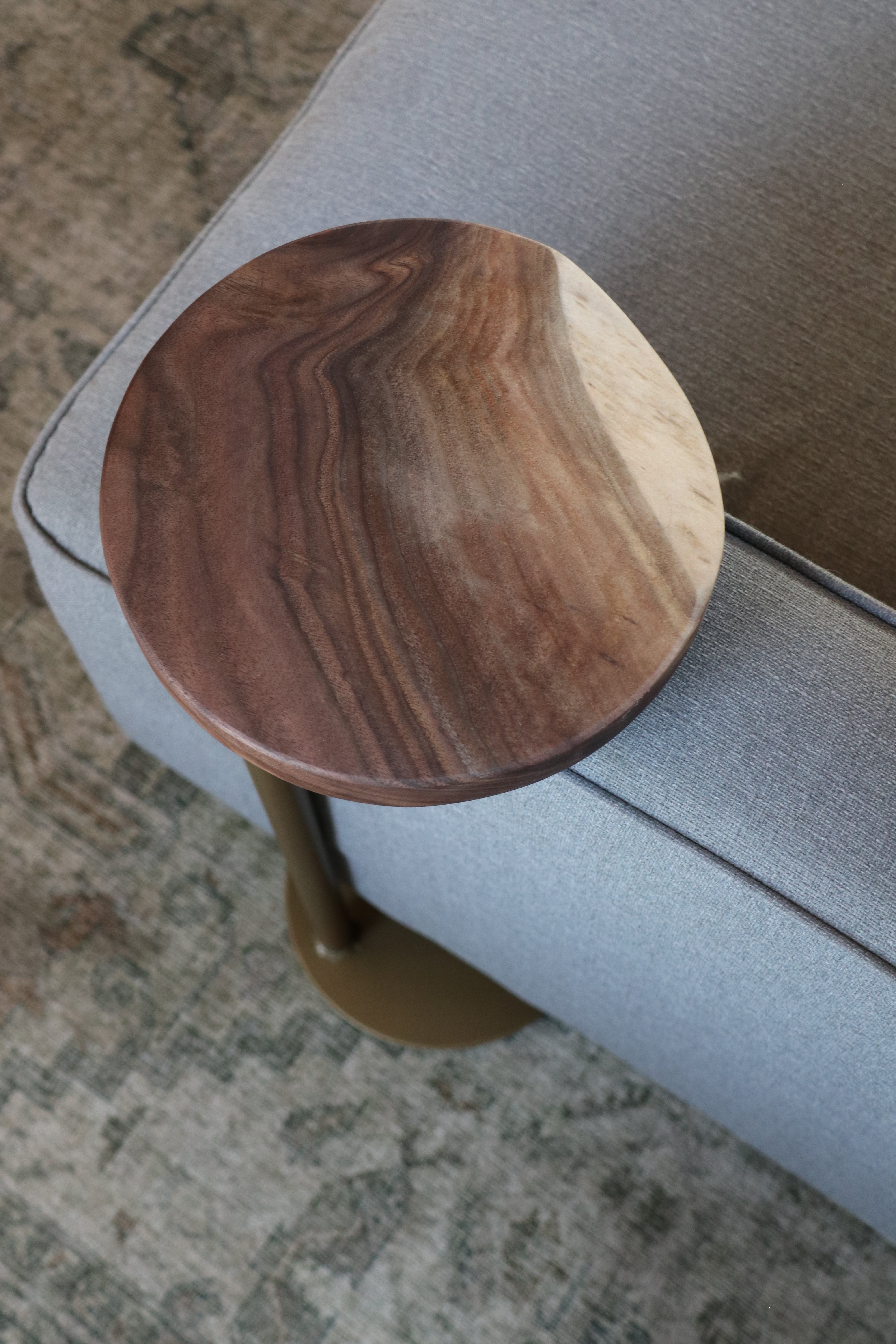 9" Gold Round Industrial Side Table, Live-Edge Walnut end table (in stock)