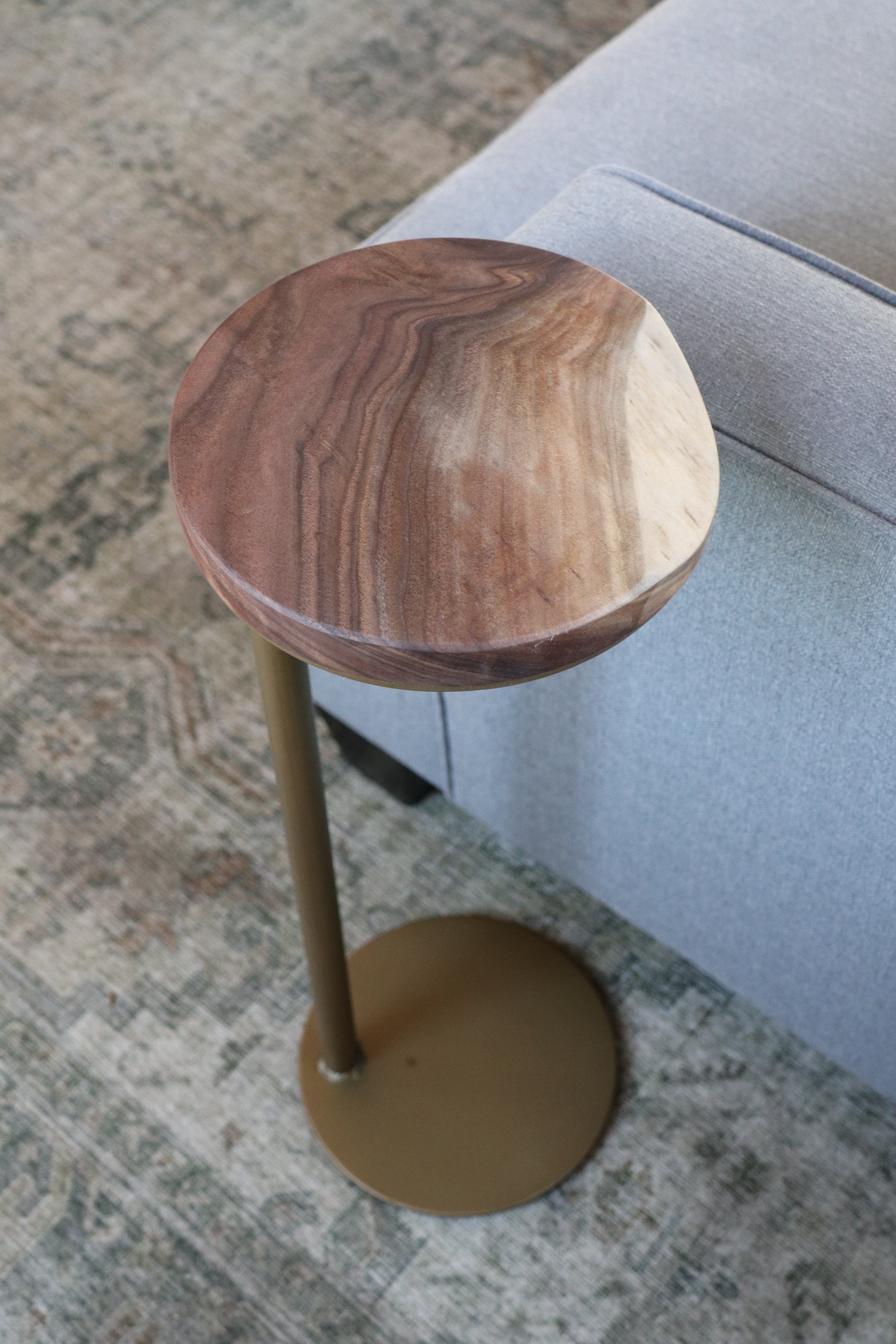 9" Gold Round Industrial Side Table, Live-Edge Walnut end table (in stock)