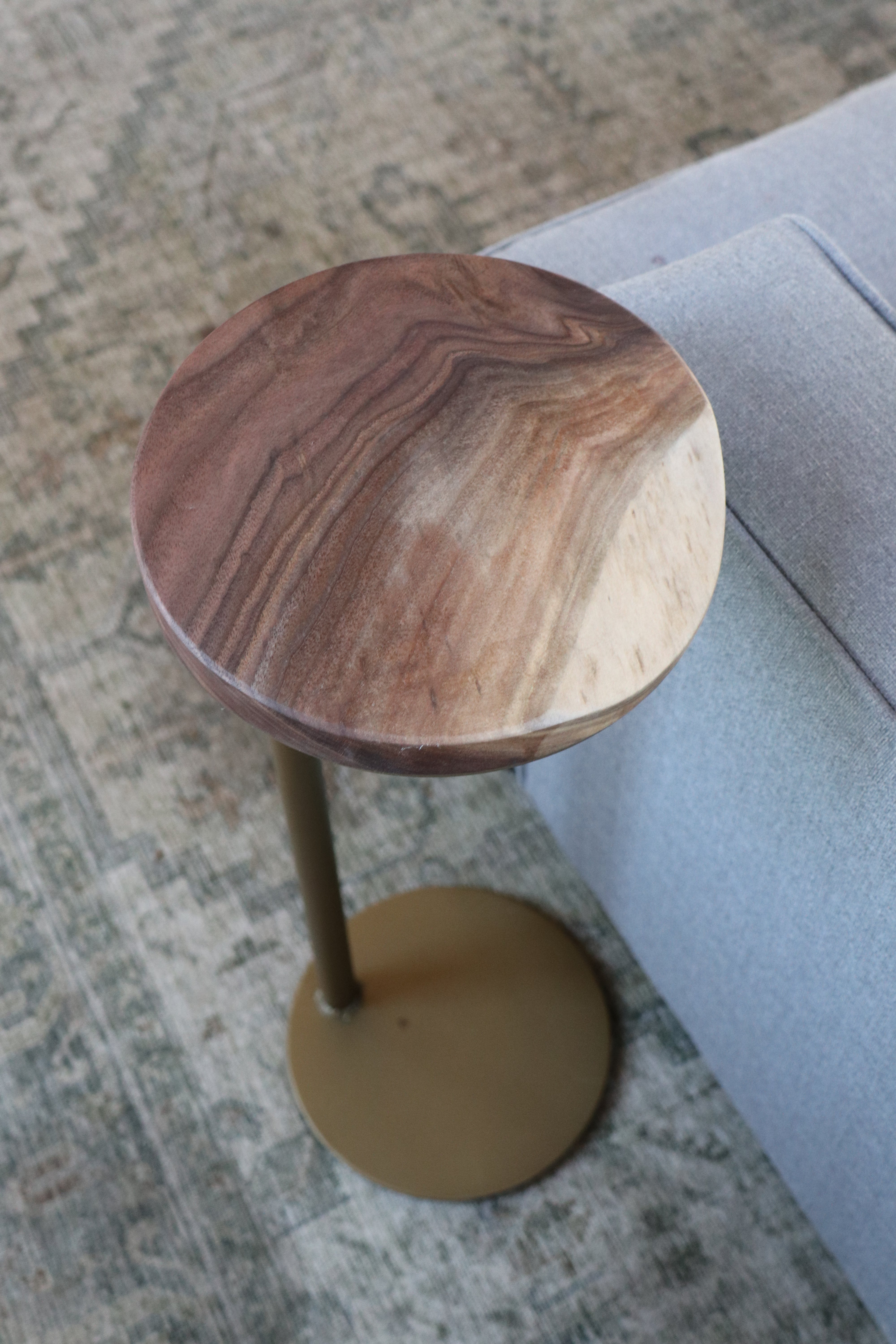 9" Gold Round Industrial Side Table, Live-Edge Walnut end table (in stock)
