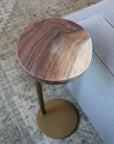 9" Gold Round Industrial Side Table, Live-Edge Walnut end table (in stock)