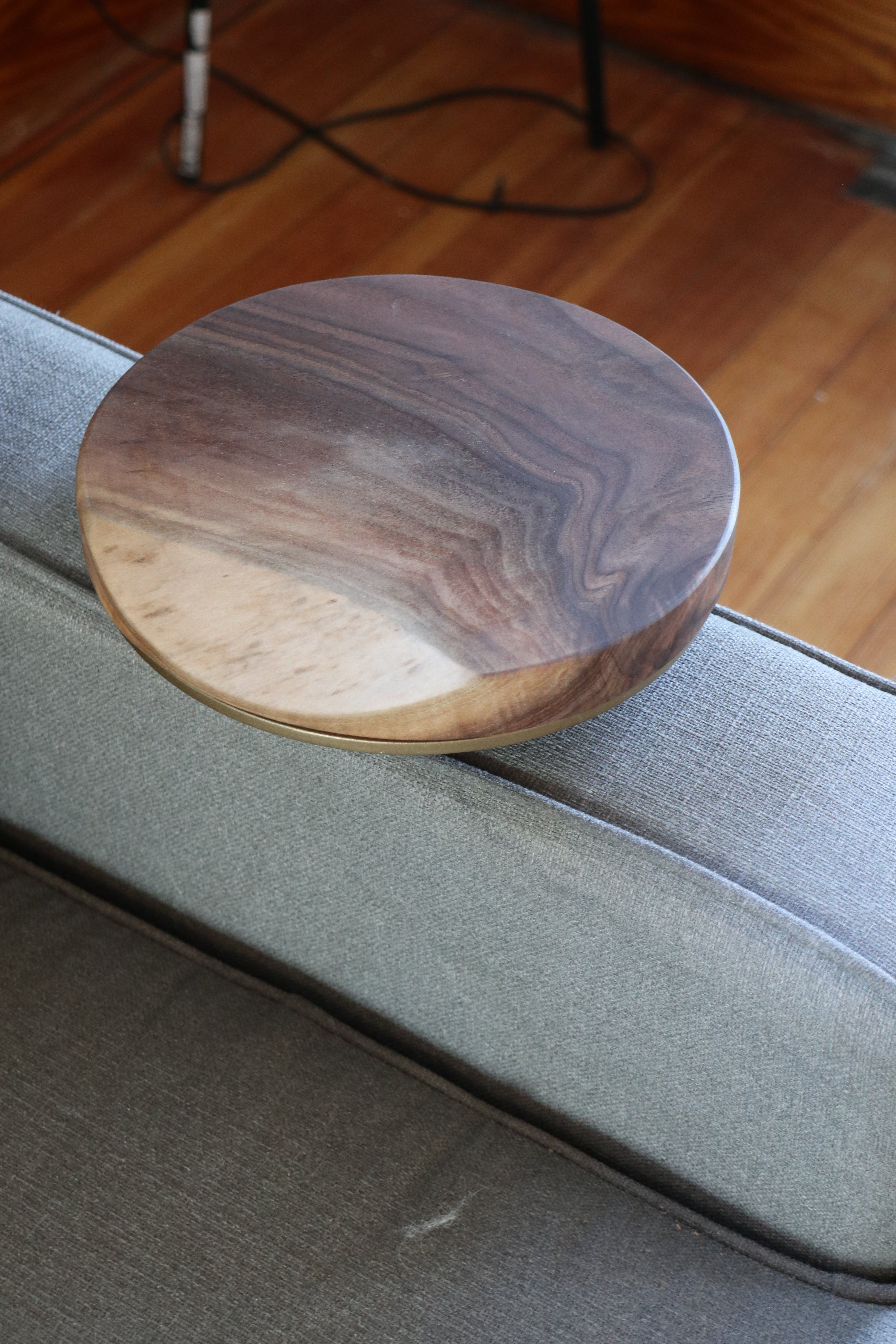 9" Gold Round Industrial Side Table, Live-Edge Walnut end table (in stock)