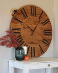 Large White Oak Wall Clock with Black Roman Numerals