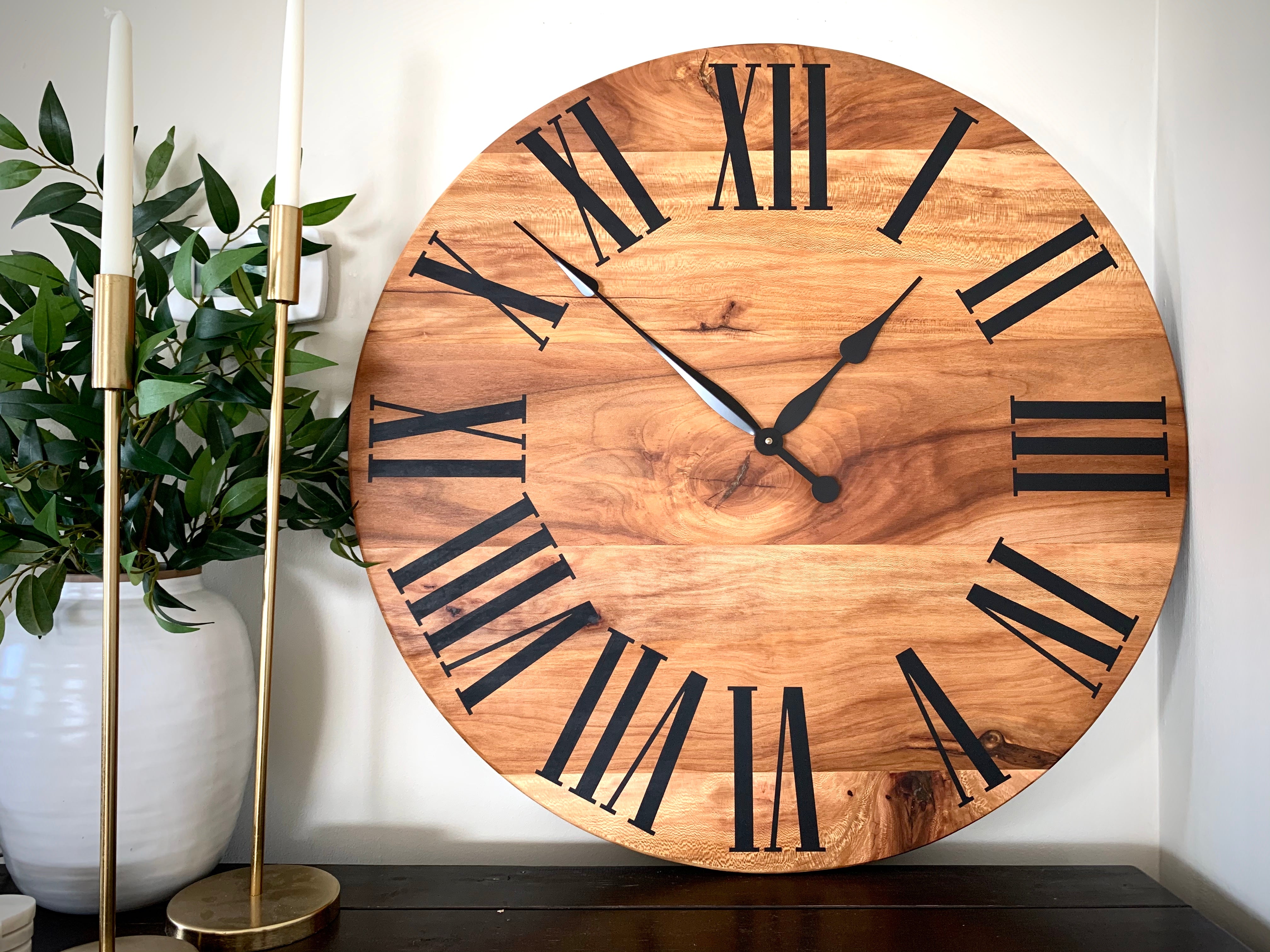 Large Solid Sycamore Hardwood Farmhouse Wall Clock with Black Roman Numerals