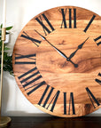 Large Solid Sycamore Hardwood Farmhouse Wall Clock with Black Roman Numerals