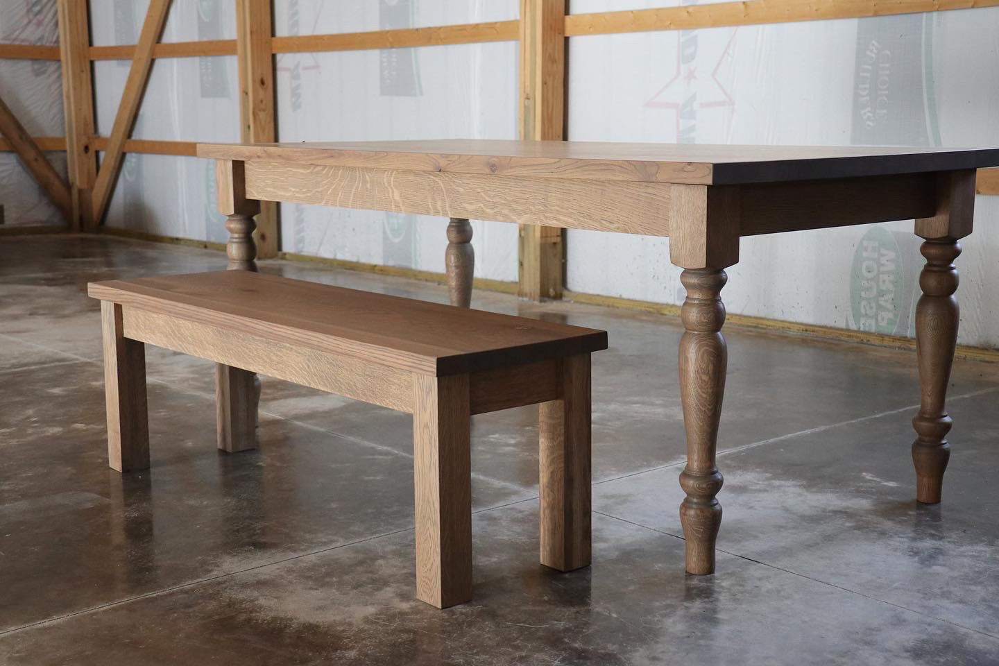 Solid White Oak Farmhouse Style Dining Table with Bench