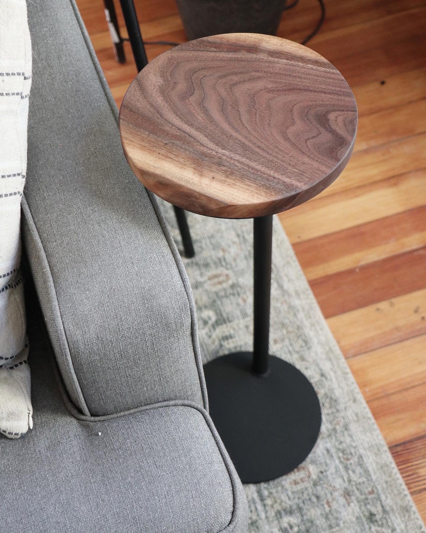 Small Live-Edge Walnut, Round Industrial Side Table - Hazel Oak Farms