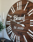 Personalized Dark Stained Large Farmhouse Wall Clock with White Roman Numerals