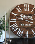 Personalized Dark Stained Large Farmhouse Wall Clock with White Roman Numerals
