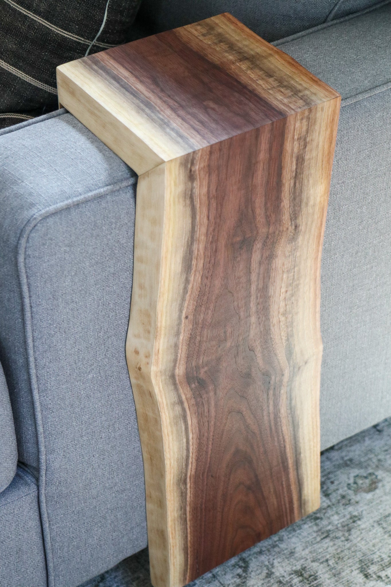 Live Edge Walnut Waterfall Armrest Sofa Table - Extra Long Square To the Floor