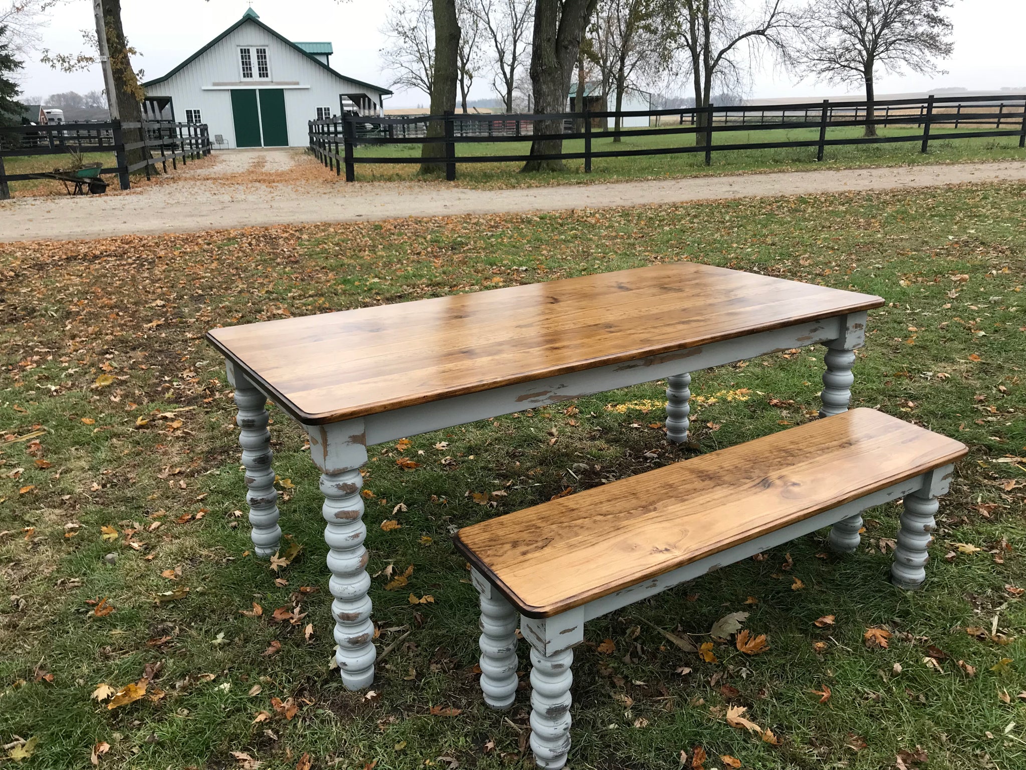 Farmhouse Dining Table with Grey Distressed Legs and Stained Top Handmade Furniture in Iowa, USA