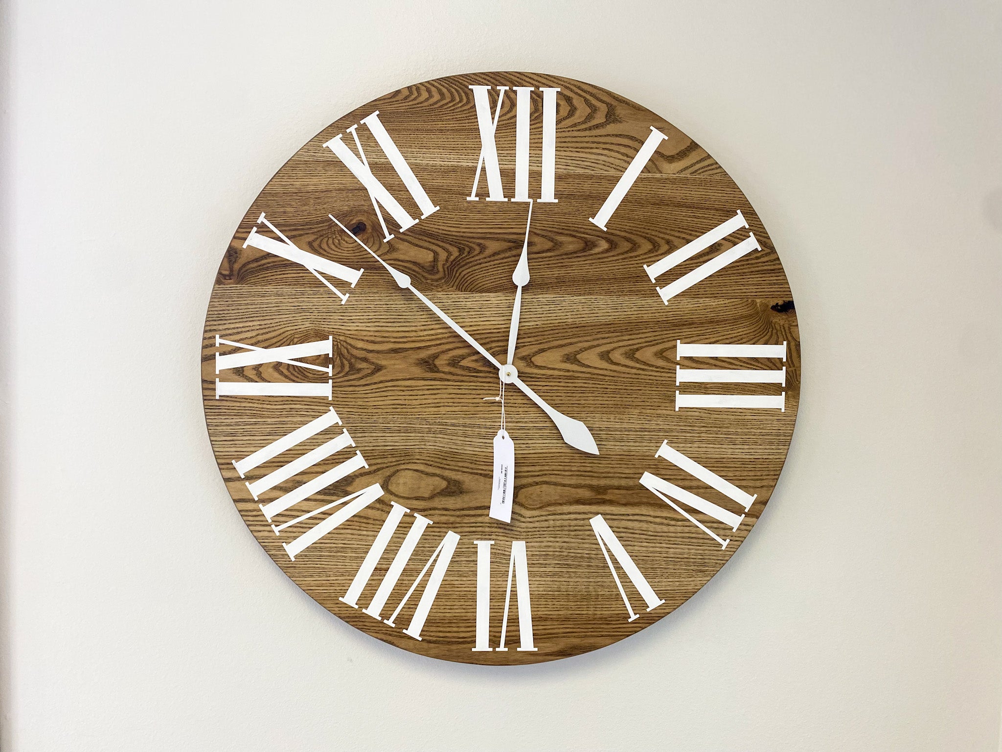 36&quot; Dark Stained Solid Ash Wood Wall Clock with White Roman Numerals (in stock) - Hazel Oak Farms