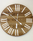 Dark Stained Solid Ash Wood Wall Clock with White Roman Numerals - Hazel Oak Farms Handmade Furniture in Iowa, USA