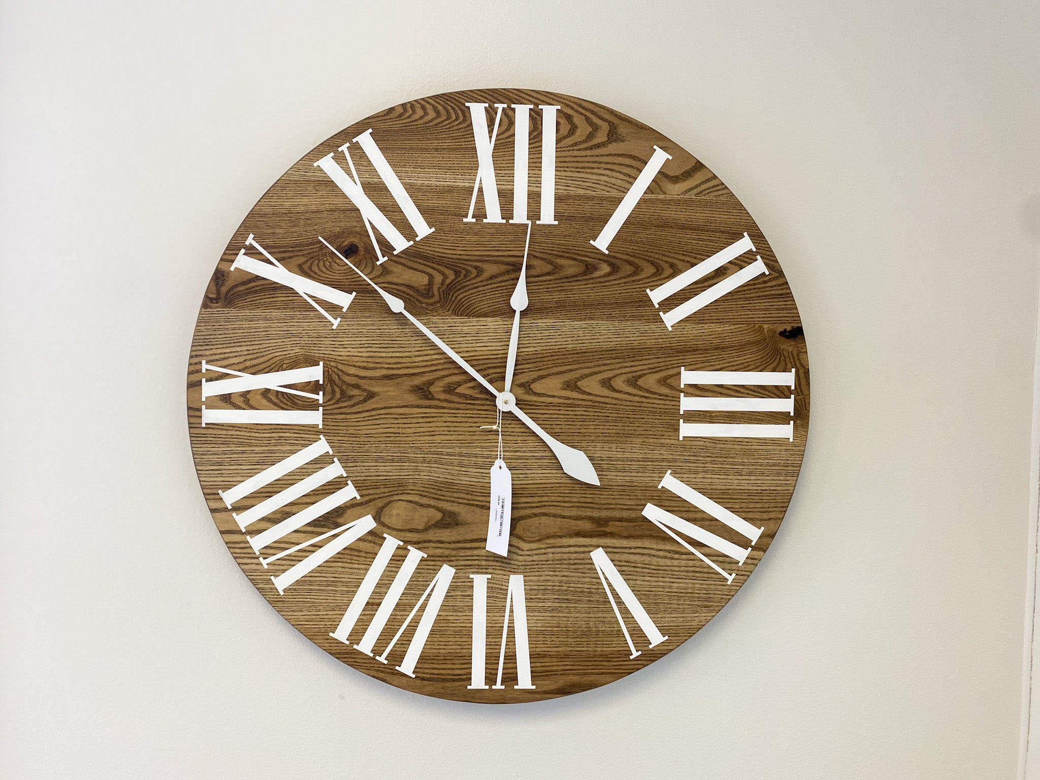 Dark Stained Solid Ash Wood Wall Clock with White Roman Numerals - Hazel Oak Farms Handmade Furniture in Iowa, USA