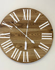 Dark Stained Solid Ash Wood Wall Clock with White Roman Numerals - Hazel Oak Farms Handmade Furniture in Iowa, USA