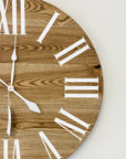Dark Stained Solid Ash Wood Wall Clock with White Roman Numerals - Hazel Oak Farms Handmade Furniture in Iowa, USA