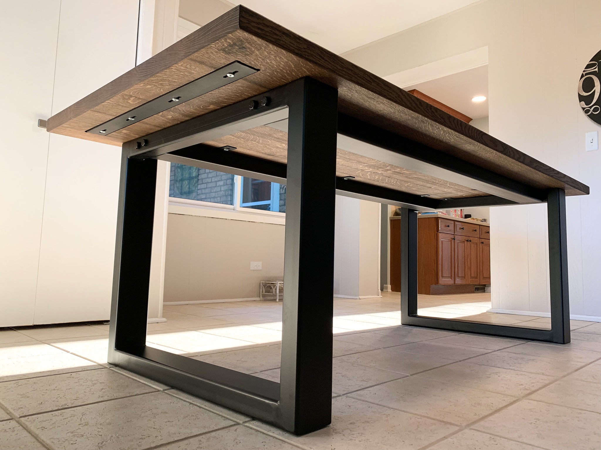 Modern Quartersawn White Oak Dining Table with Black Square Steel Legs