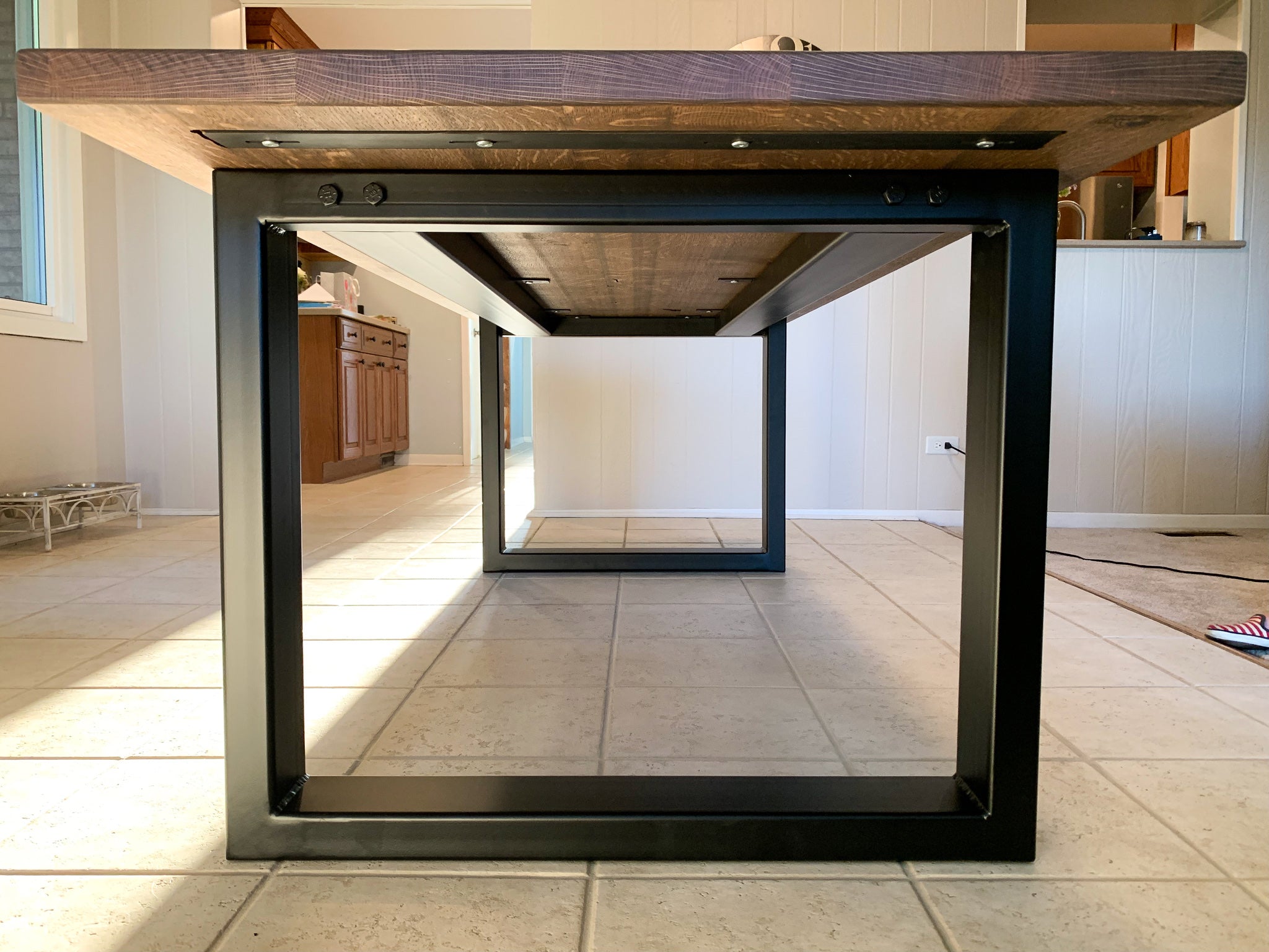 Modern Quartersawn White Oak Dining Table with Black Square Steel Legs
