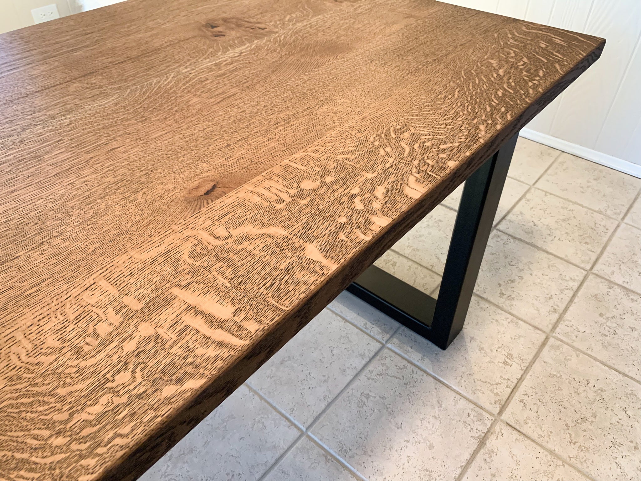 Modern Quartersawn White Oak Dining Table with Black Square Steel Legs