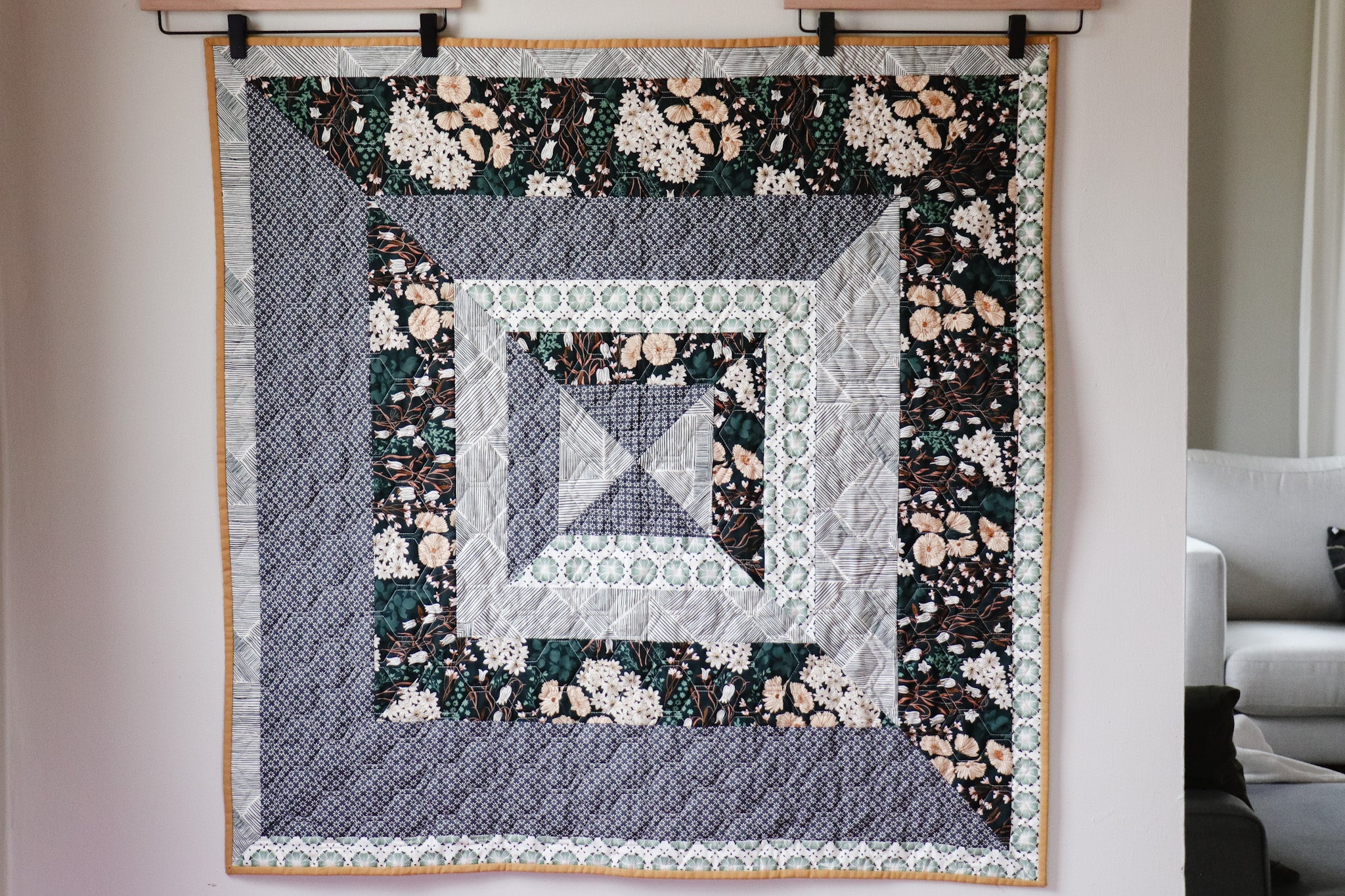 Modern Handmade Baby Quilt - Blue Floral Squares