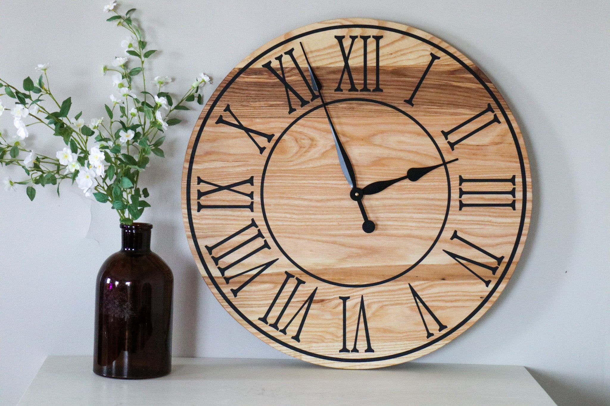 26" Solid Ash Wood Wall Clock with Black Numbers and Lines (in stock) - Hazel Oak Farms