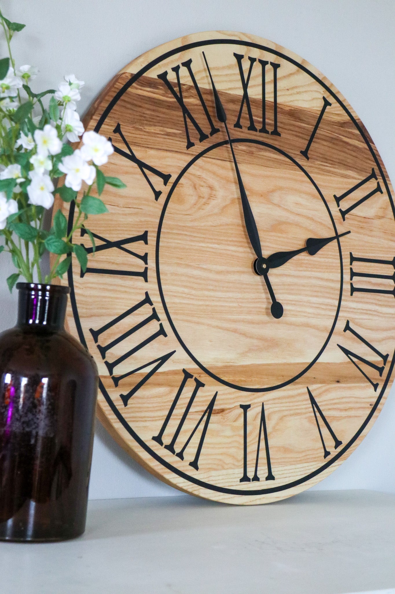 26" Solid Ash Wood Wall Clock with Black Numbers and Lines (in stock) - Hazel Oak Farms