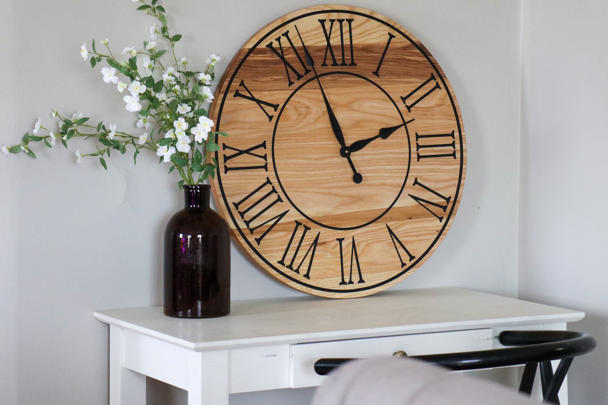 26" Solid Ash Wood Wall Clock with Black Numbers and Lines (in stock) - Hazel Oak Farms