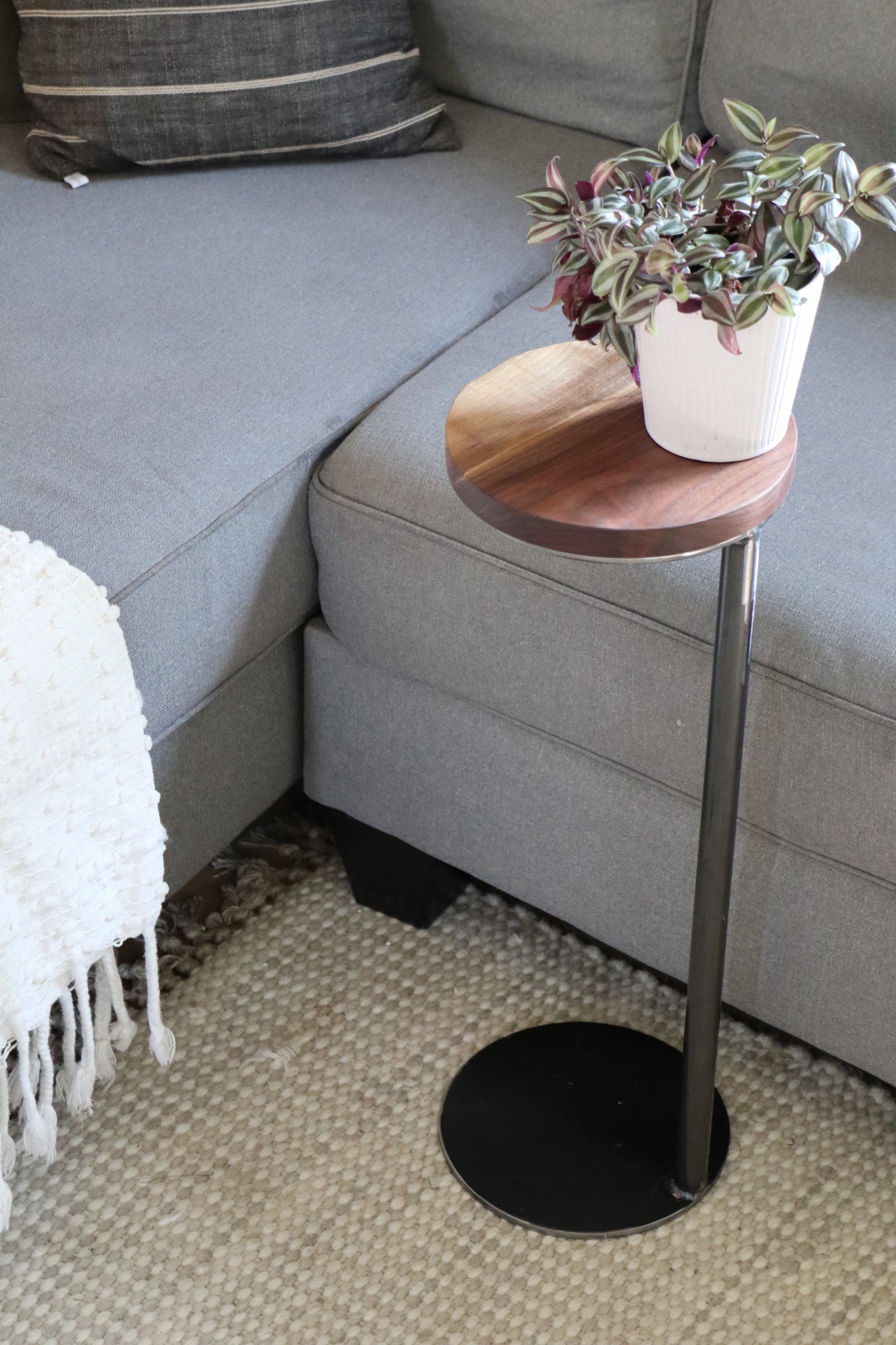 Small Live-Edge Walnut, Round Industrial Side Table