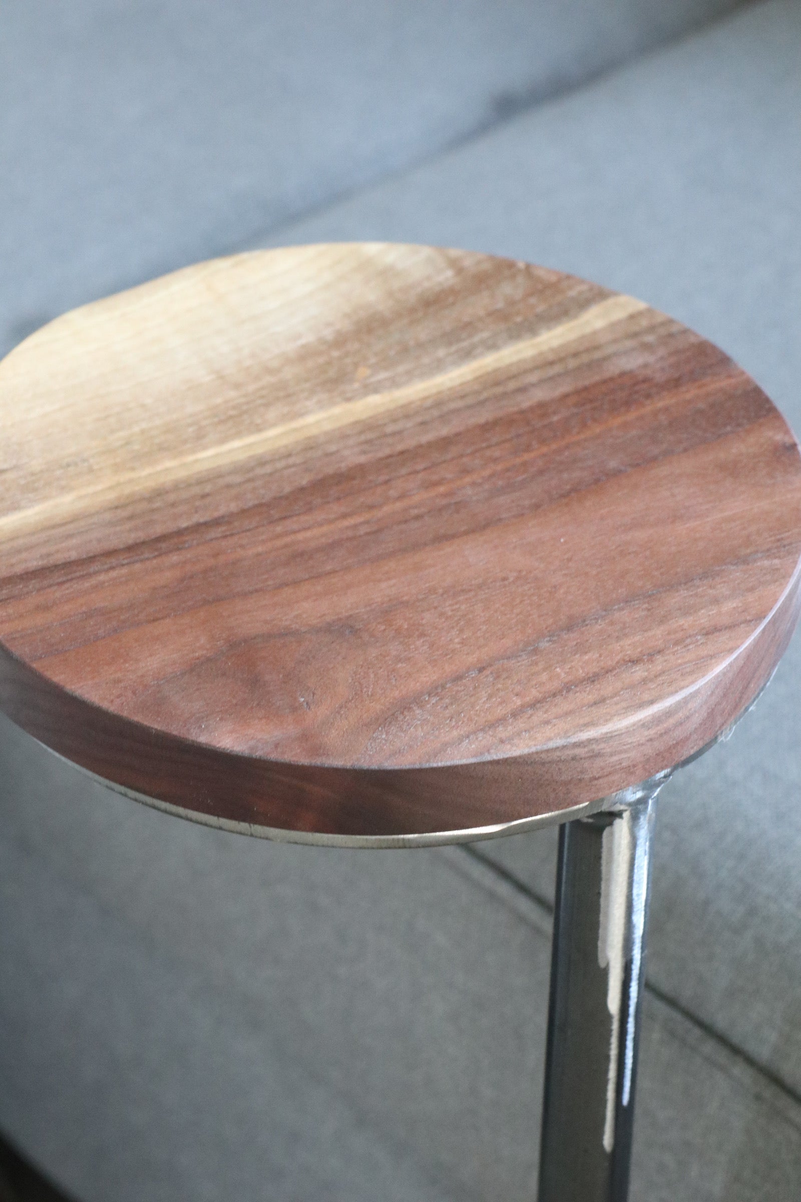 Small Live-Edge Walnut, Round Industrial Side Table