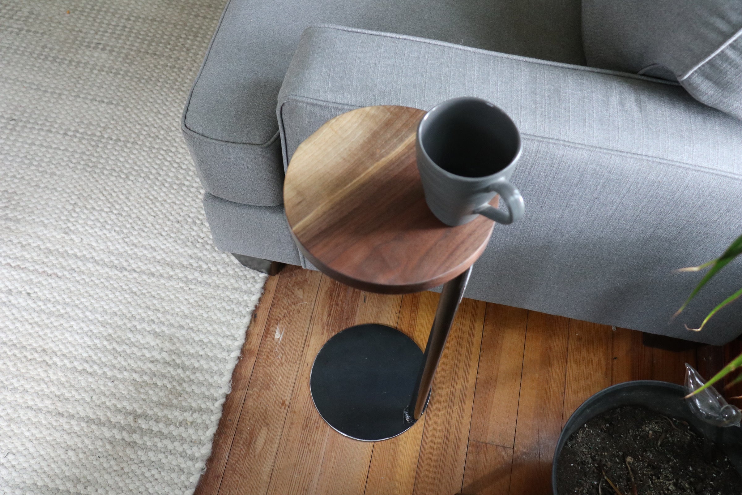 Small Live-Edge Walnut, Round Industrial Side Table