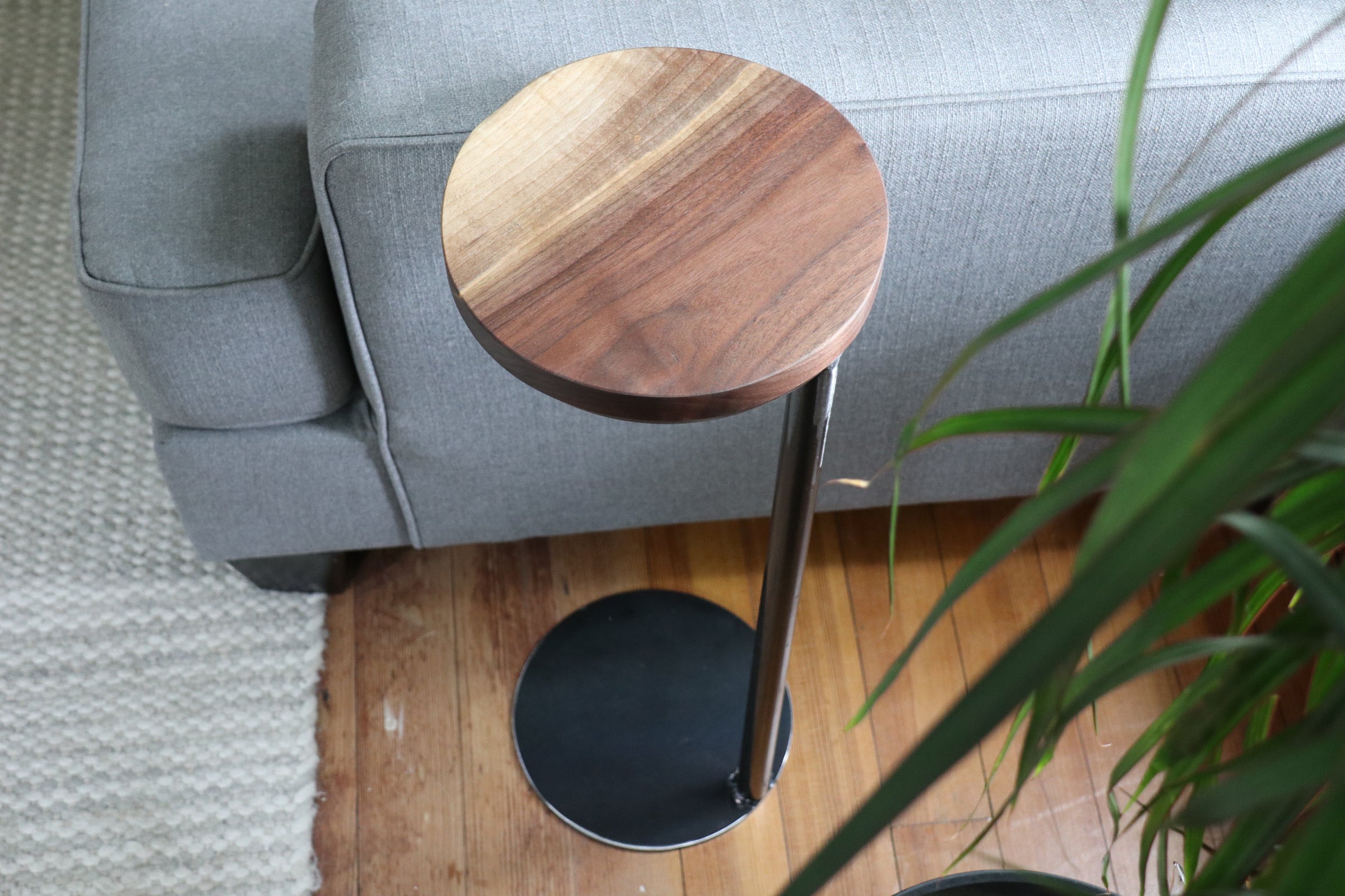 Small Live-Edge Walnut, Round Industrial Side Table