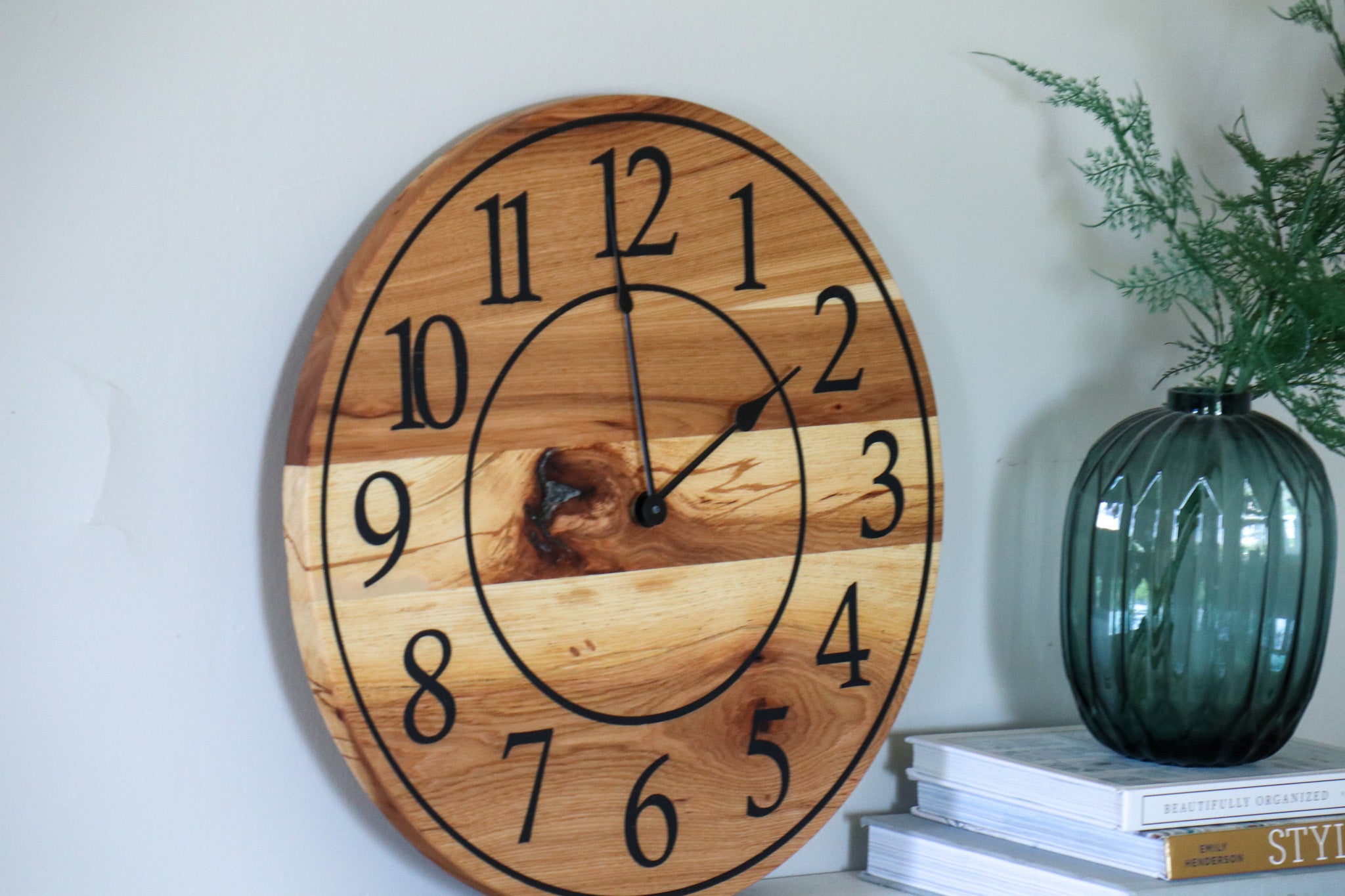 Solid Hickory Wood Wall Clock with Numbers and Lines - Hazel Oak Farms