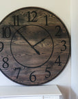 Black Stained Solid Ash Wood Wall Clock with White Roman Numerals - Hazel Oak Farms Handmade Furniture in Iowa, USA