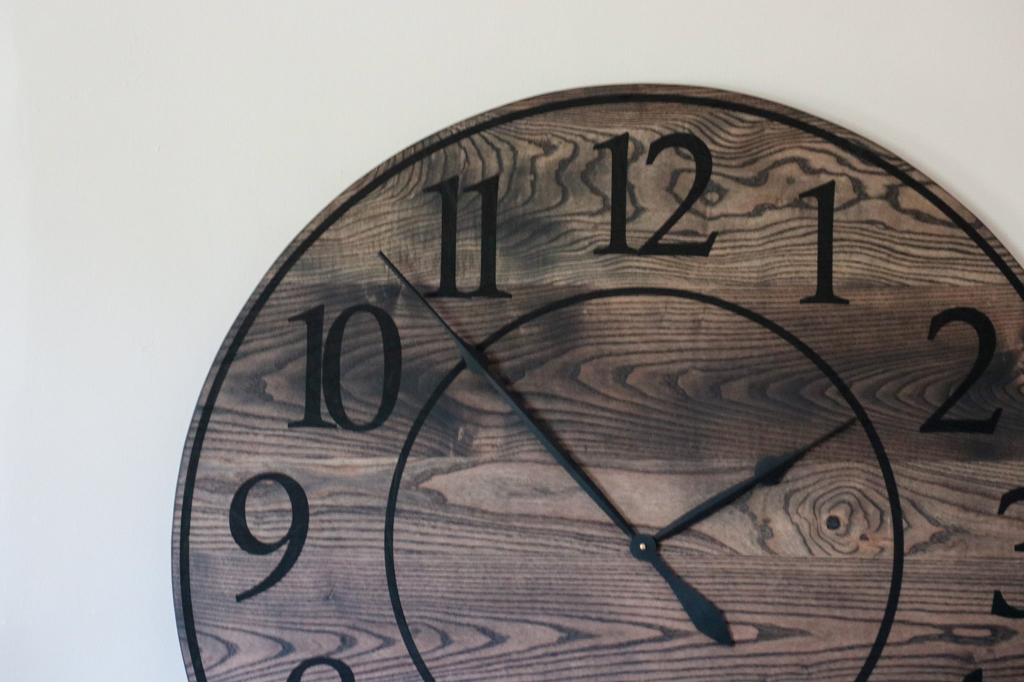 Black Stained Solid Ash Wood Wall Clock with White Roman Numerals - Hazel Oak Farms Handmade Furniture in Iowa, USA