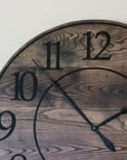 Black Stained Solid Ash Wood Wall Clock with White Roman Numerals - Hazel Oak Farms Handmade Furniture in Iowa, USA