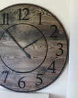 Black Stained Solid Ash Wood Wall Clock with White Roman Numerals - Hazel Oak Farms Handmade Furniture in Iowa, USA