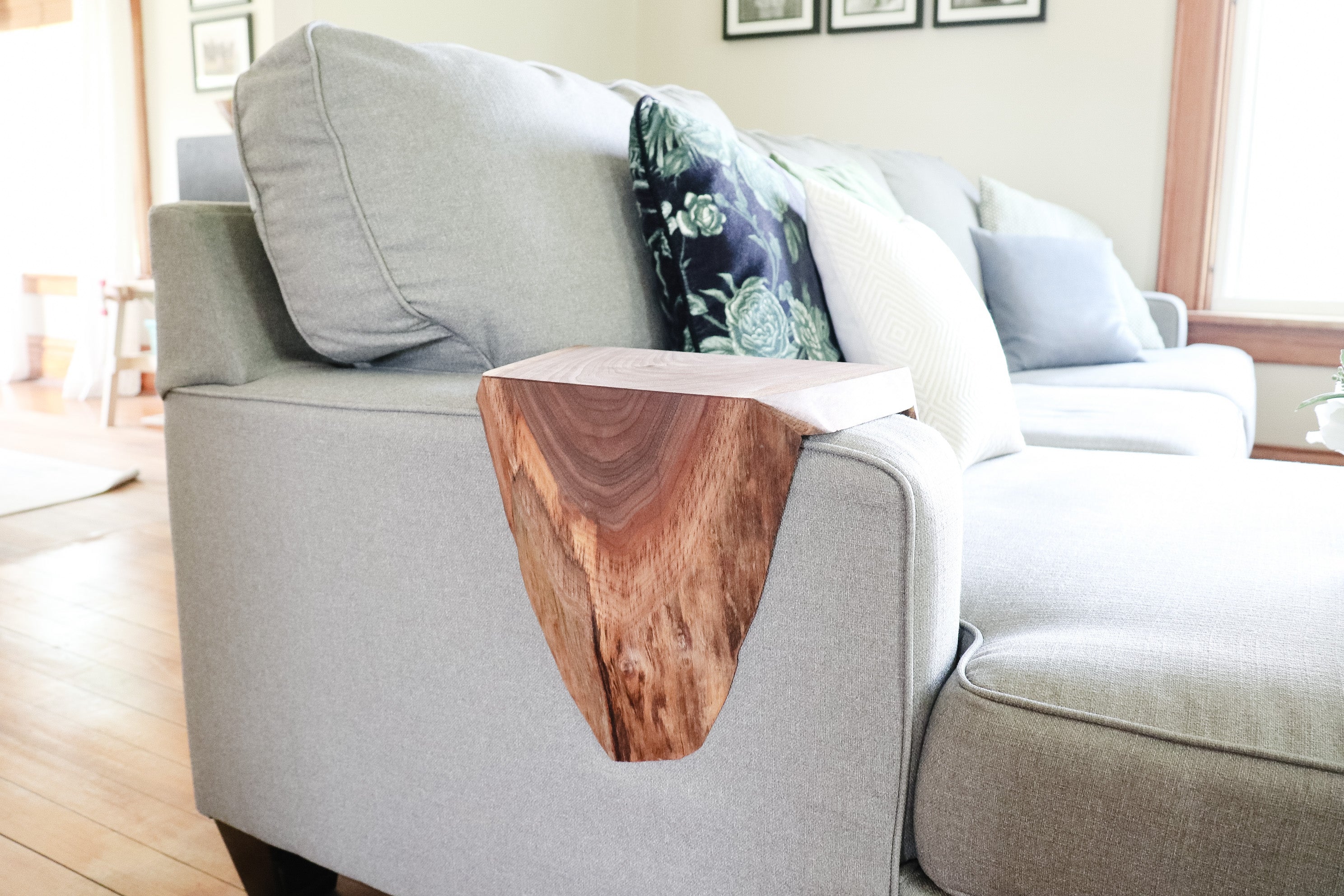 walnut wood sofa armrest table Handmade Furniture in Iowa