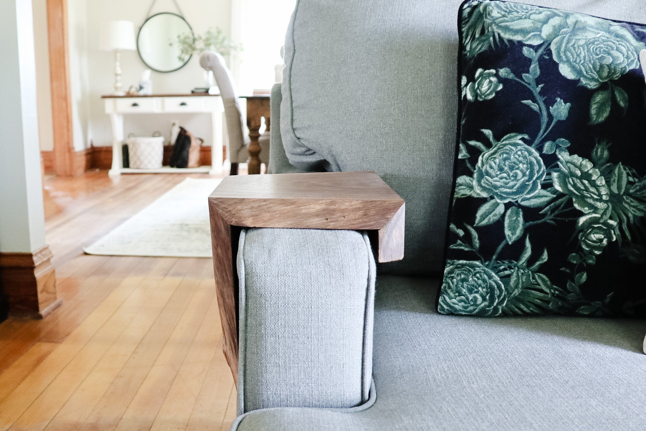 walnut wood sofa armrest table Handmade Furniture in Iowa