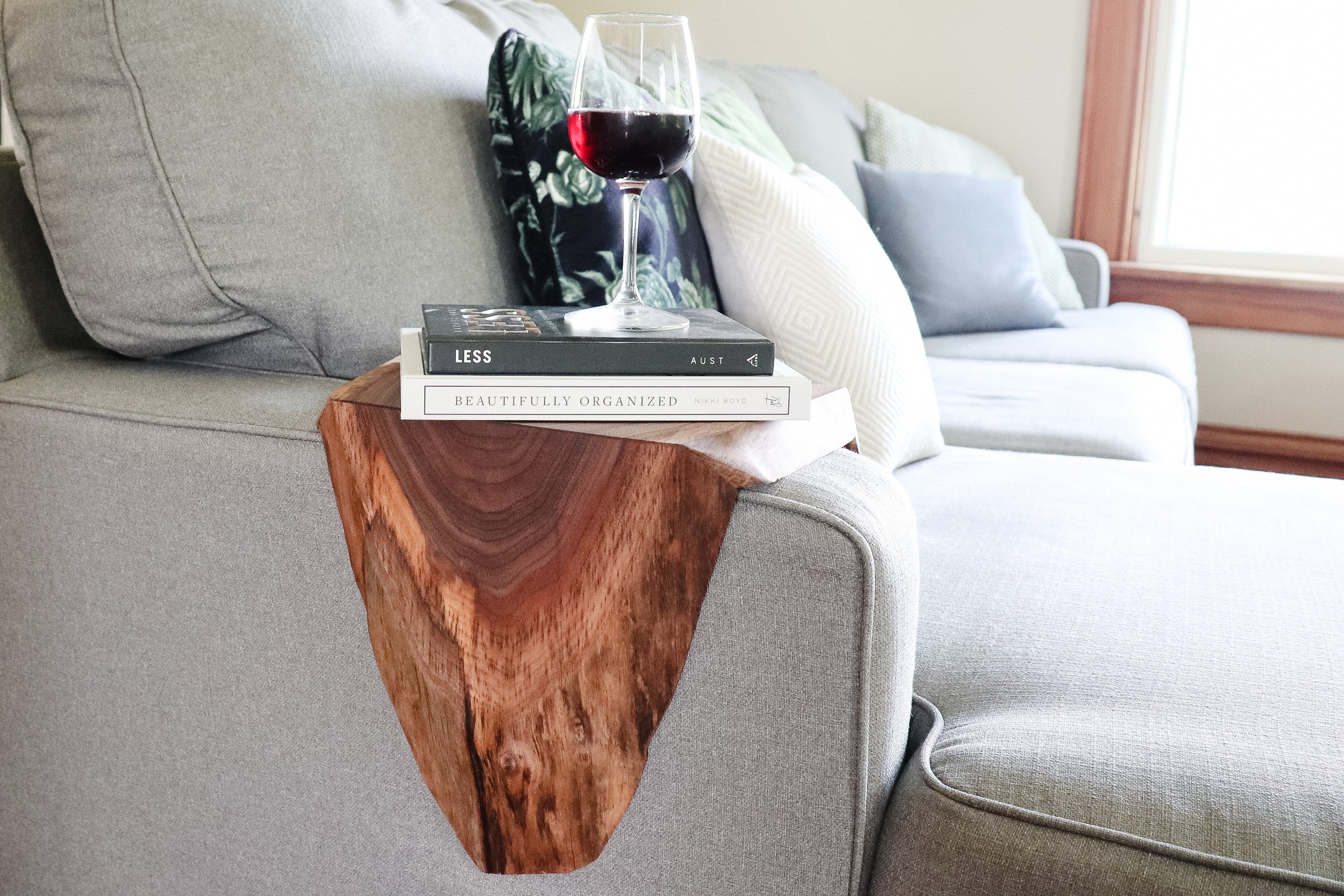walnut wood sofa armrest table Handmade Furniture in Iowa