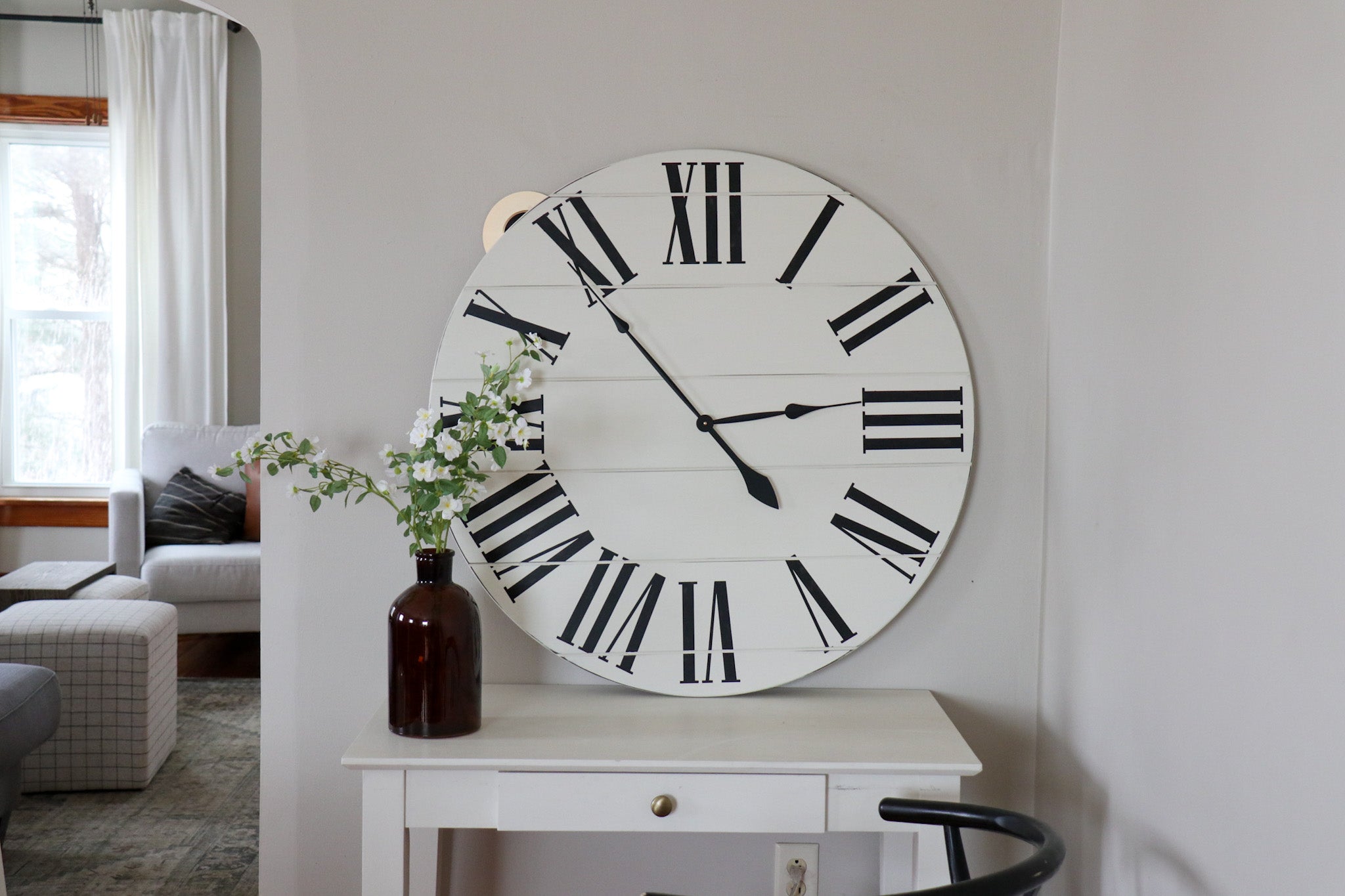 Simple 36" Farmhouse Style Large White Distressed Wall Clock with Black Roman Numerals (in stock) - Hazel Oak Farms