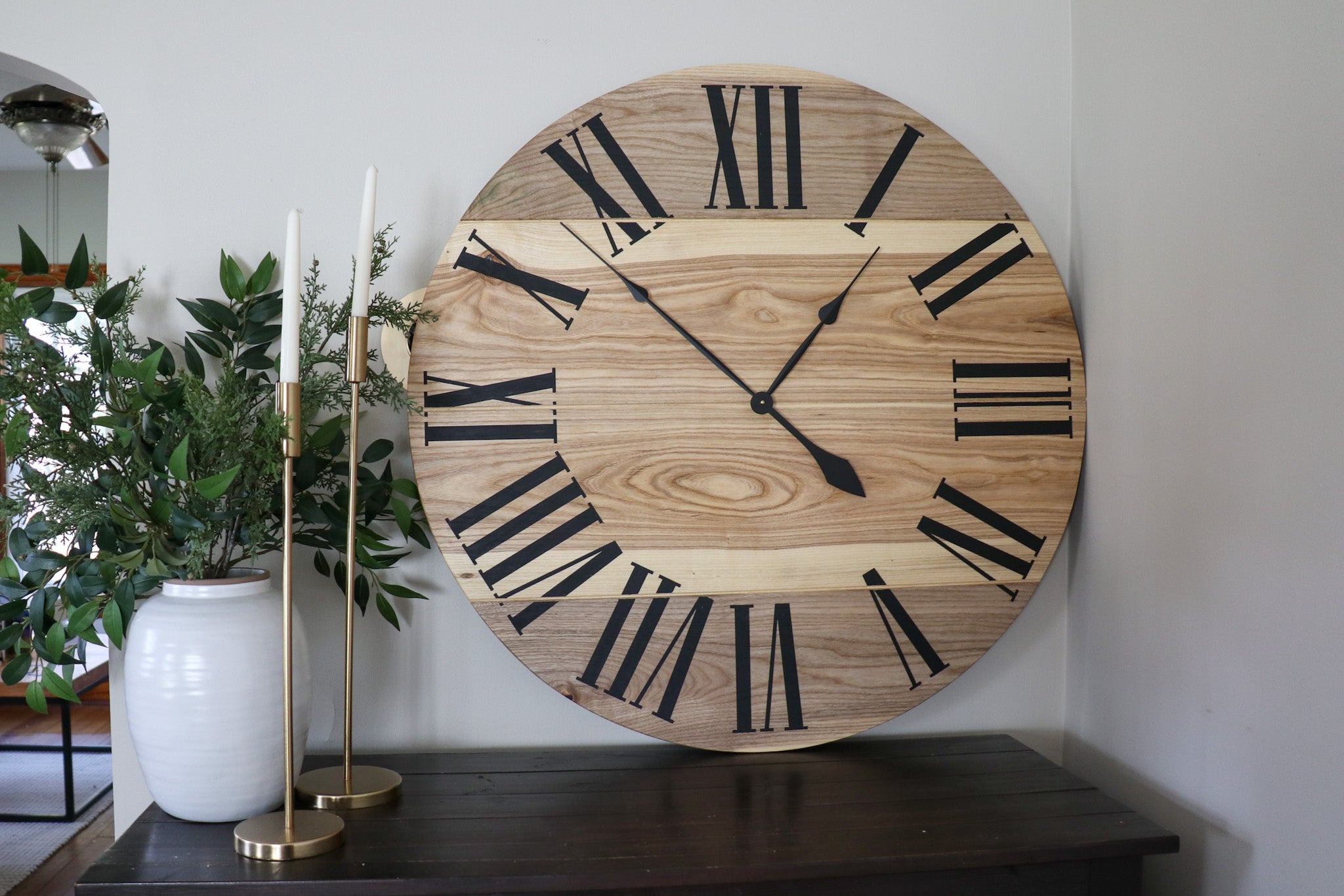 Large Solid Wood Hackberry Wall Clock with Black Roman Numerals - Hazel Oak Farms