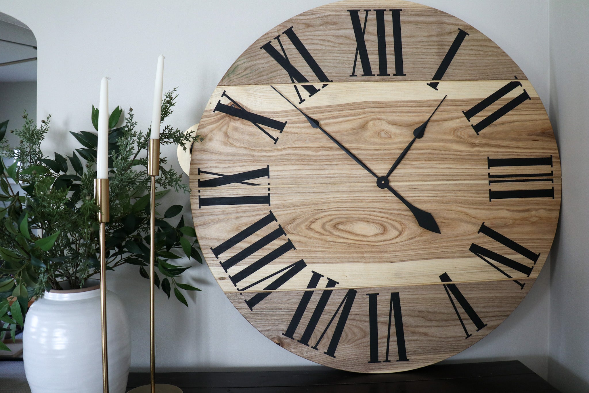 Large Solid Wood Hackberry Wall Clock with Black Roman Numerals - Hazel Oak Farms