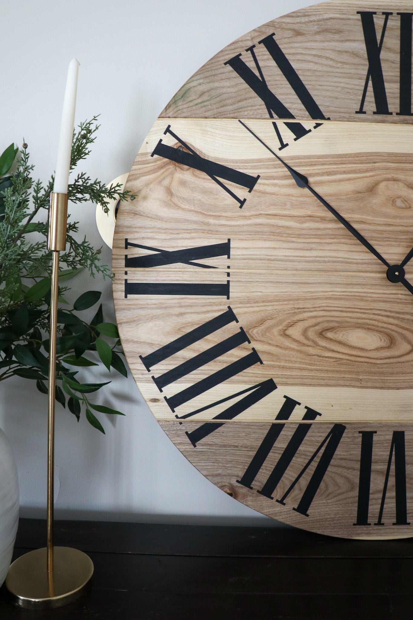 Large Solid Wood Hackberry Wall Clock with Black Roman Numerals - Hazel Oak Farms
