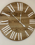 Dark Stained Solid Ash Wood Wall Clock with White Roman Numerals - Hazel Oak Farms Handmade Furniture in Iowa, USA