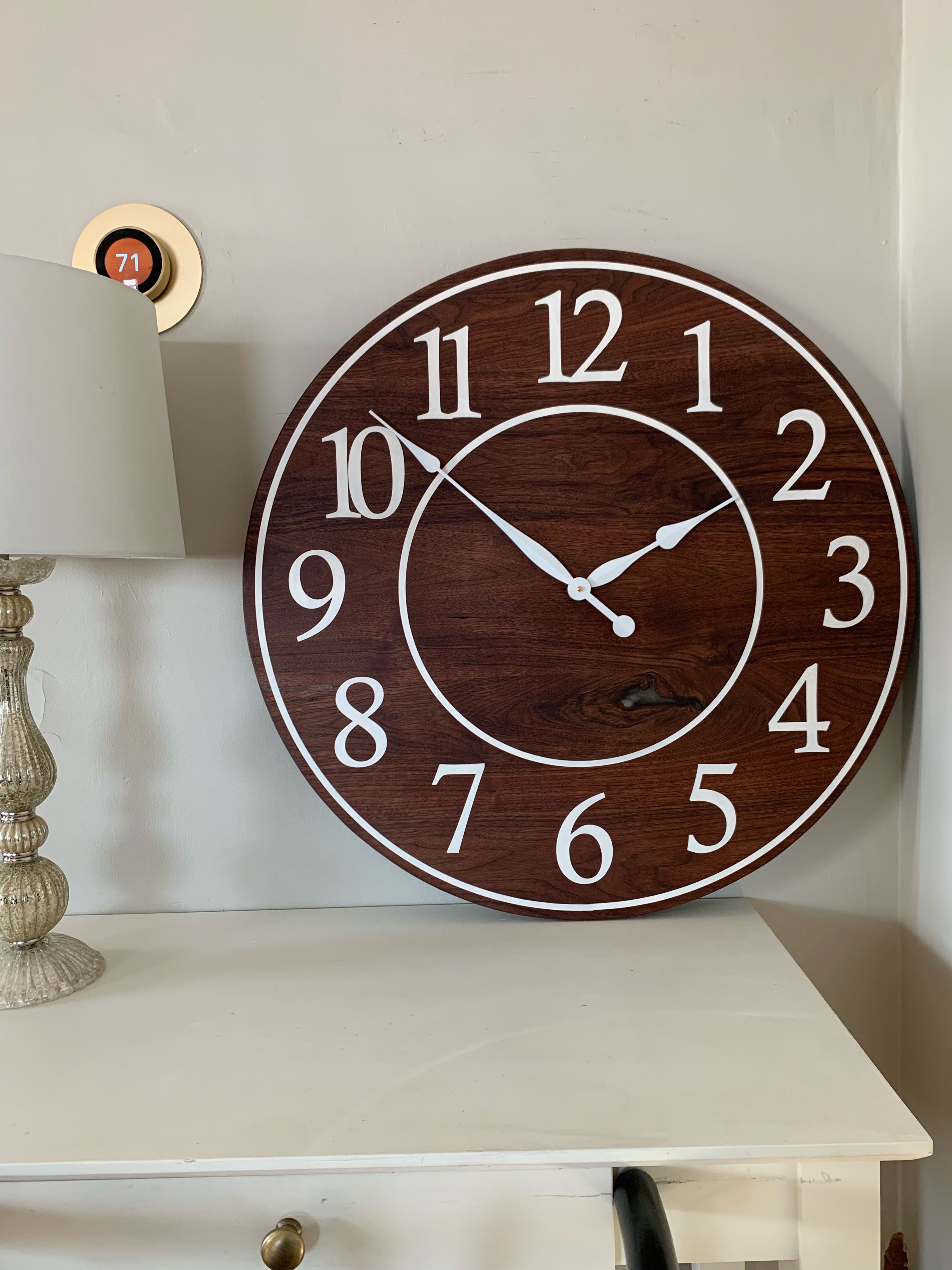 Solid Clear Walnut 30" Wall Clock with White Lines and Numbers (in stock) - Hazel Oak Farms